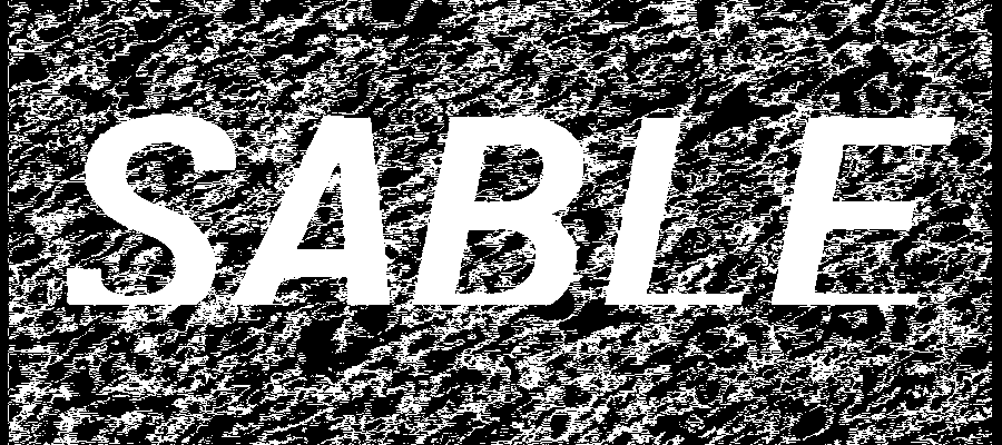 Banner image for the serialized novel Sable: a glitchy, pixelated background that appears as dripping lava, charred flesh, or extreme DVD artefacting of a still of a shallow, clear, pebble-bottomed river. The title is presented as negative, centered on the background, large block letters at a slant. The bottom 5% of the text appears to be uniformly cut off by a slight crop.