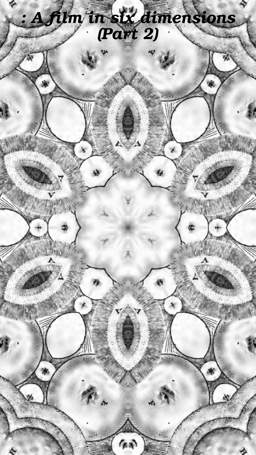 Plate for ": A film in six dimensions (Part 2)": A horrifying kaleidoscope of spheres, eyes, and vulval shapes, reflecting out along six axes. The title is presented centered at the top and in italics.